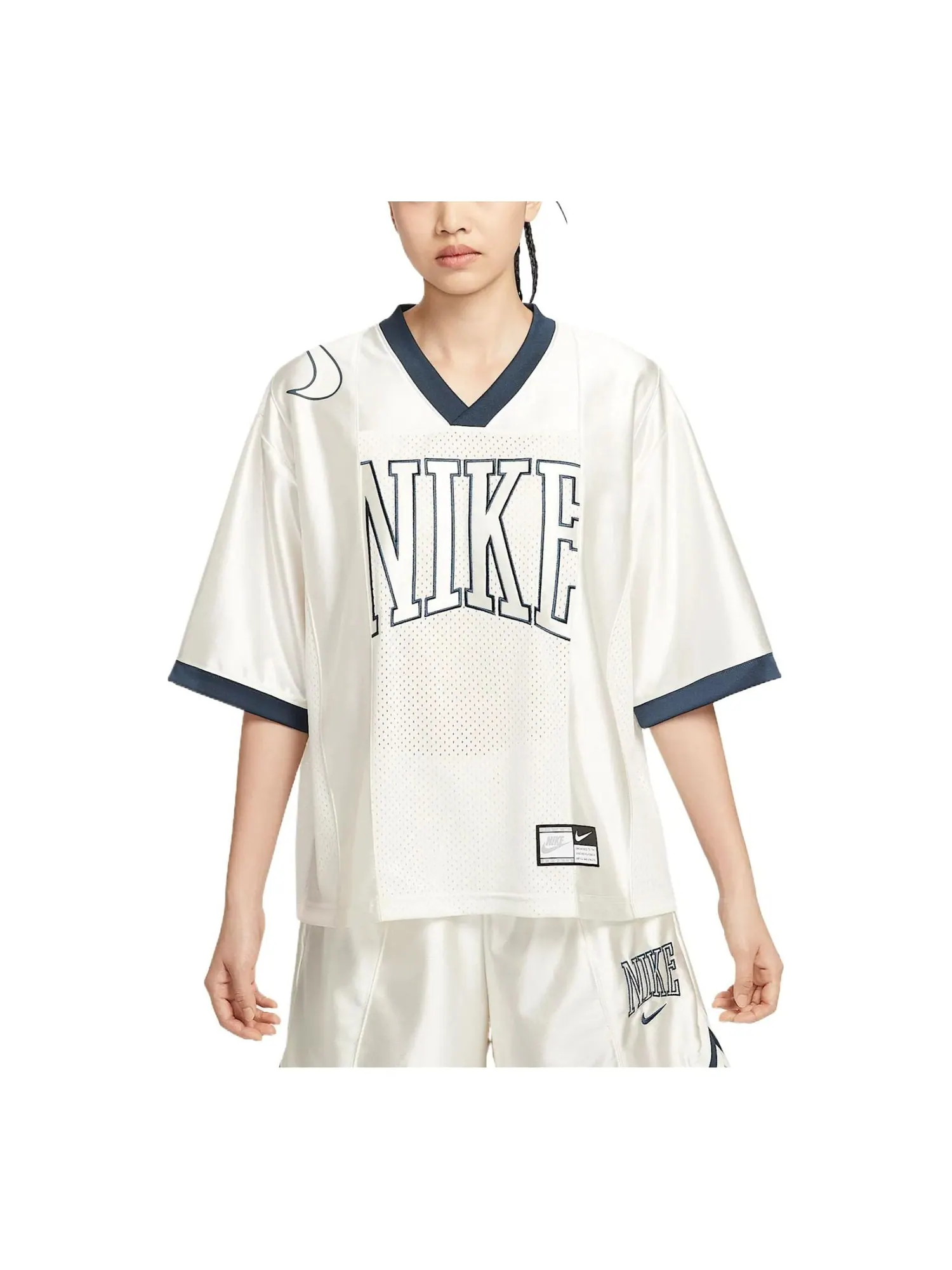 Топ (WMNS) Nike Sportswear Street Oversized Graphic Jersey Top Asia Sizing 'Sail Armoury Navy' — изображение 1 из 6, белый