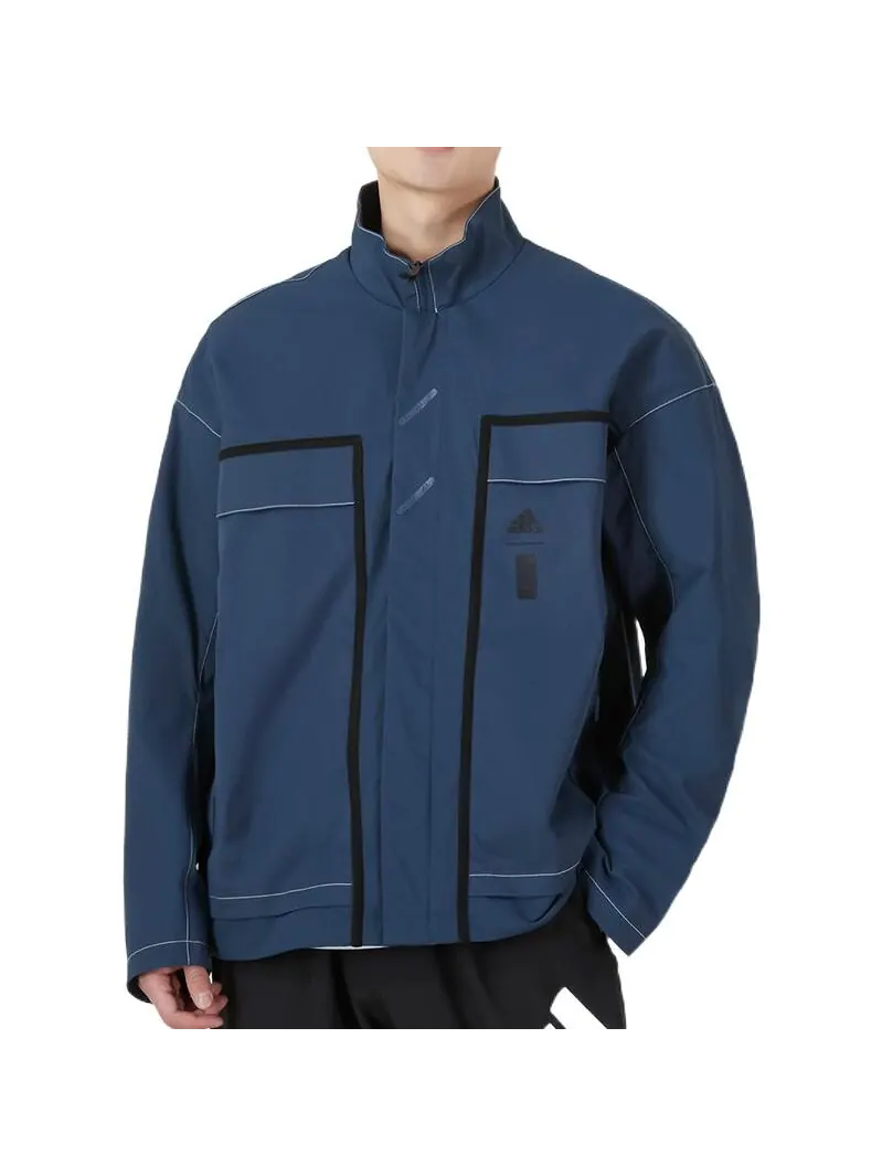 Куртка Adidas Loose Casual Splicing Windproof Stand Collar — изображение 2 из 6, синий