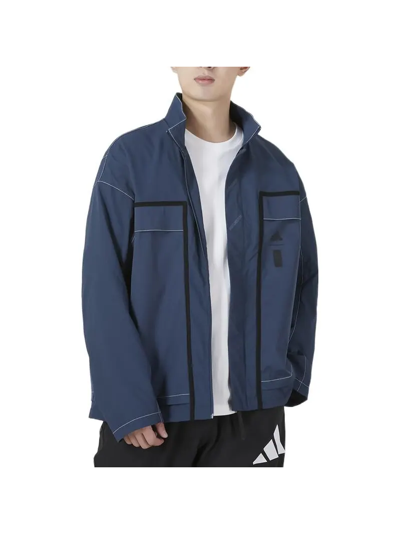 Куртка Adidas Loose Casual Splicing Windproof Stand Collar — изображение 4 из 6, синий