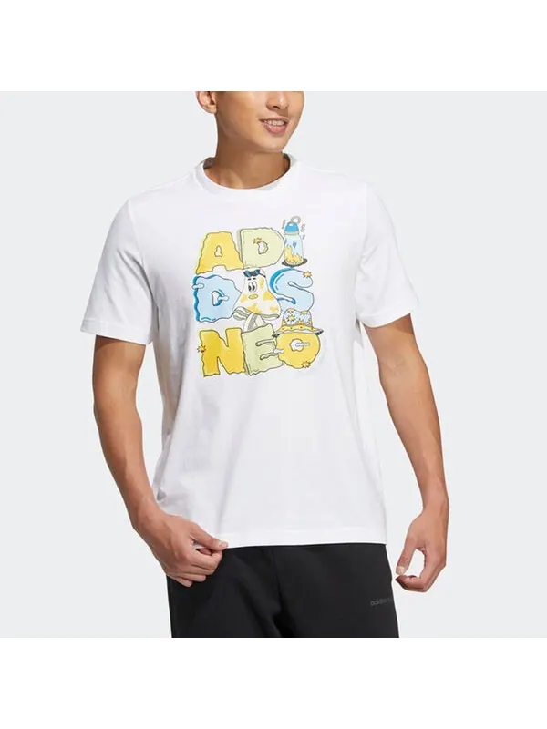 Футболка Men's adidas neo Alphabet Cartoon Printing Round Neck Casual Short Sleeve White T-Shirt — изображение 4 из 4, мульти