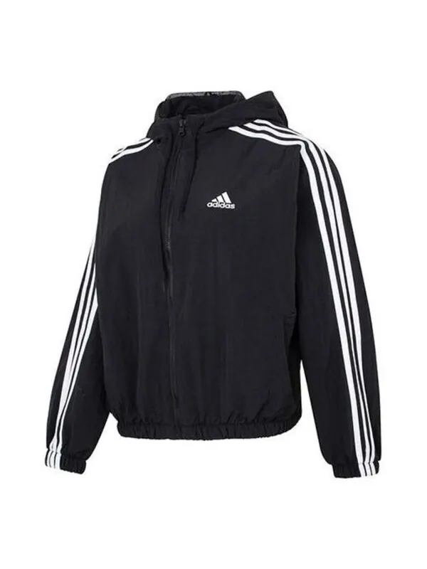 Куртка Essentials 3 полоски тканая ветровка азиатские размеры Adidas — изображение 1 из 4, черный/белый