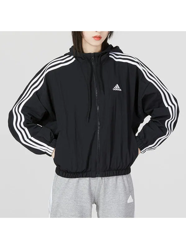 Куртка Essentials 3 полоски тканая ветровка азиатские размеры Adidas — изображение 3 из 4, черный/белый