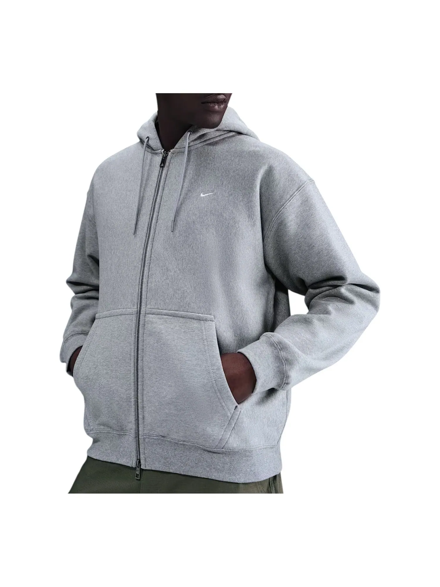 Толстовка Nike Solo Swoosh на молнии из флиса, цвет темно-серый меланж, светло-дымчатый — изображение 1 из 2