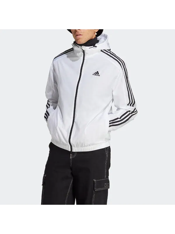 Куртка Essentials 3 полоски тканая ветровка Adidas — изображение 2 из 4, белый/черный