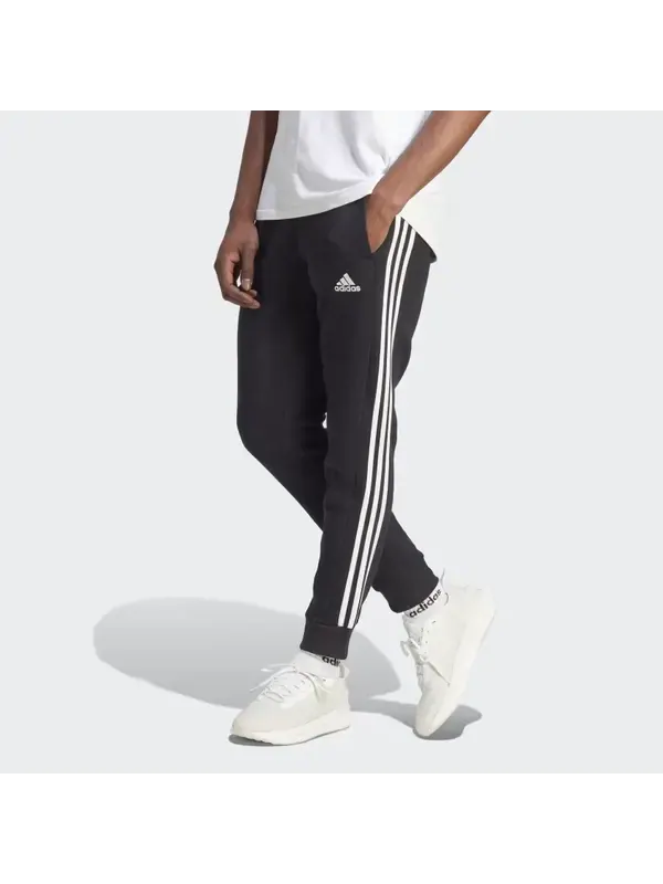 Брюки Essentials флисовые 3 полоски зауженные манжеты джоггеры Adidas — изображение 3 из 4, черный/белый