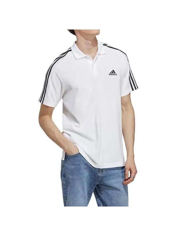 Рубашка поло Essentials пику вышитый маленький логотип 3 полоски Рубашка поло Adidas — изображение 4 из 4, белый