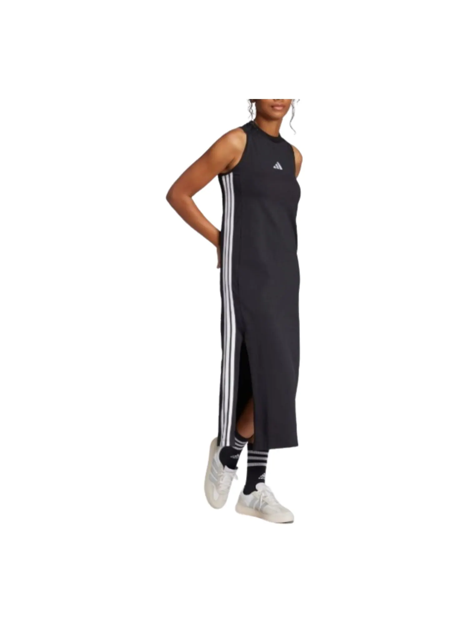 (WMNS) Платье-борцовка Adidas Essentials с тремя полосками, черно-белое, модель — изображение 2 из 3, черный