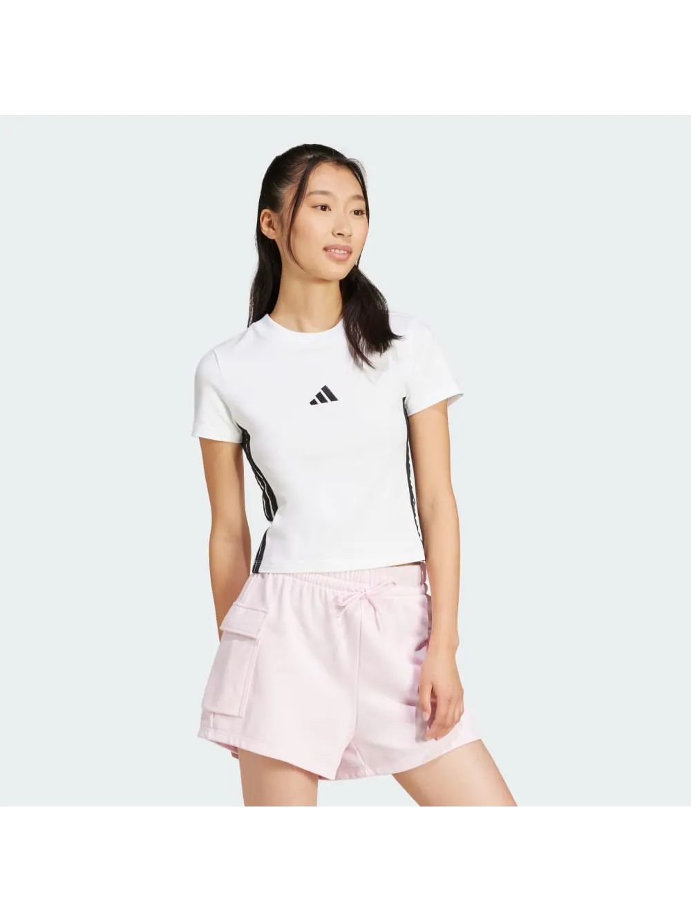 Футболка Adidas Essentials 3-Stripes Slim Baby Tee — изображение 4 из 6, белый/черный