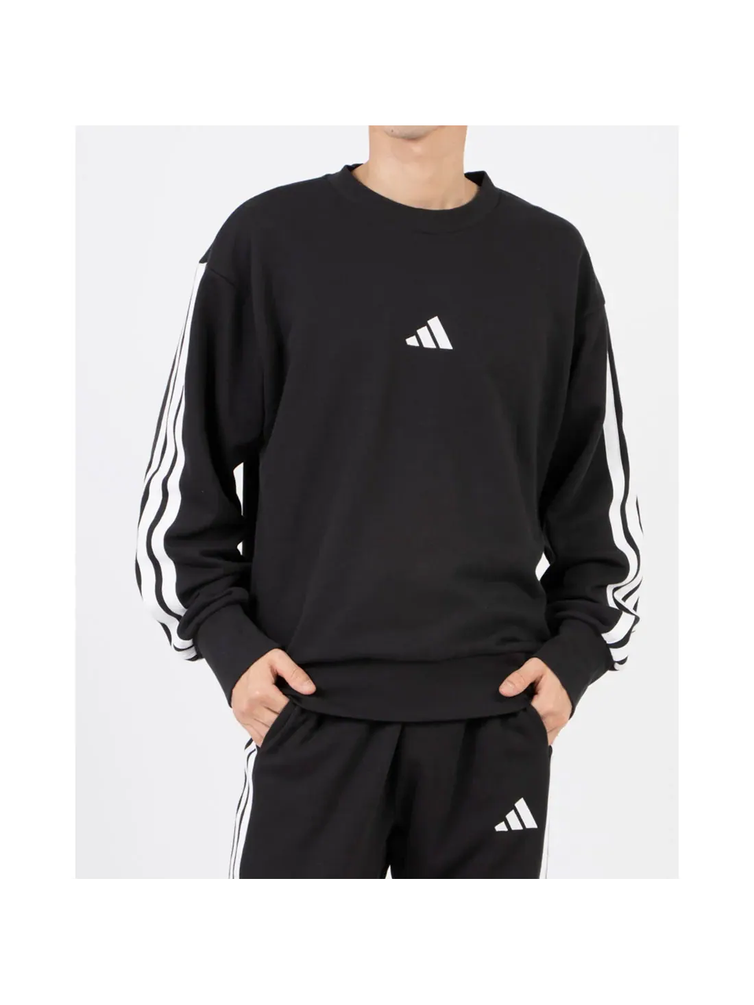Толстовка Adidas Essentials 3-Stripes из французского махрового трикотажа, черная, модель — изображение 3 из 3, черный/белый