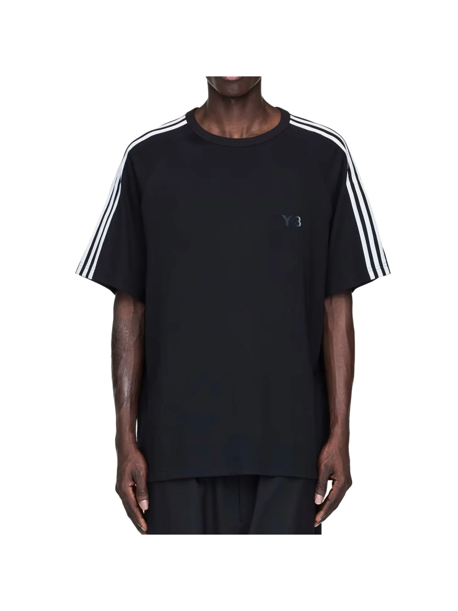 Футболка Adidas Y-3 с коротким рукавом и тремя полосками, черная, модель — изображение 3 из 4, черный
