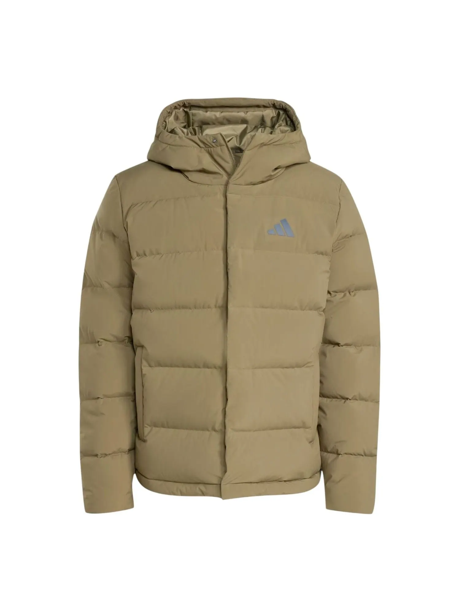 Пуховая куртка Adidas Helionic Climawarm с капюшоном, цвет 'Olive Strata', модель — изображение 1 из 3