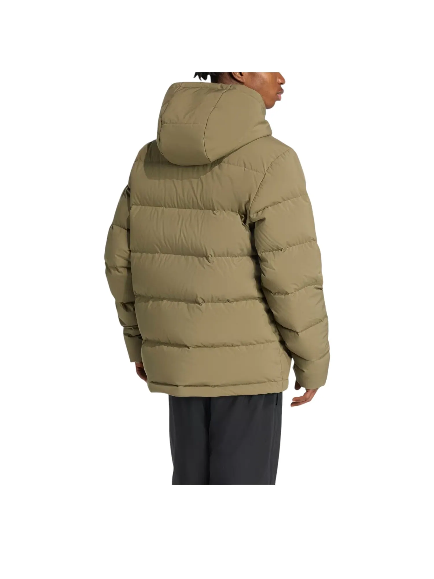 Пуховая куртка Adidas Helionic Climawarm с капюшоном, цвет 'Olive Strata', модель — изображение 3 из 3