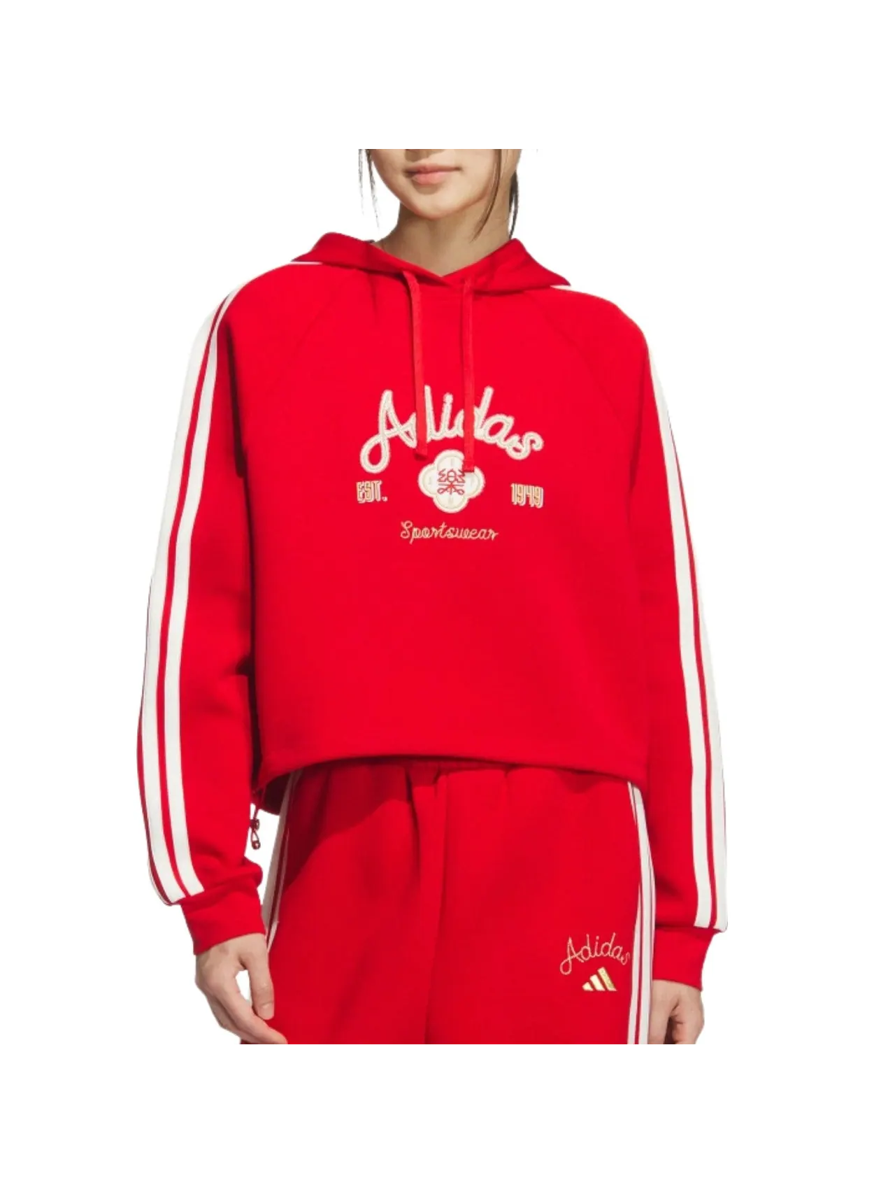(WMNS) Толстовка с капюшоном adidas, азиатский размер — изображение 2 из 3, красный/белый