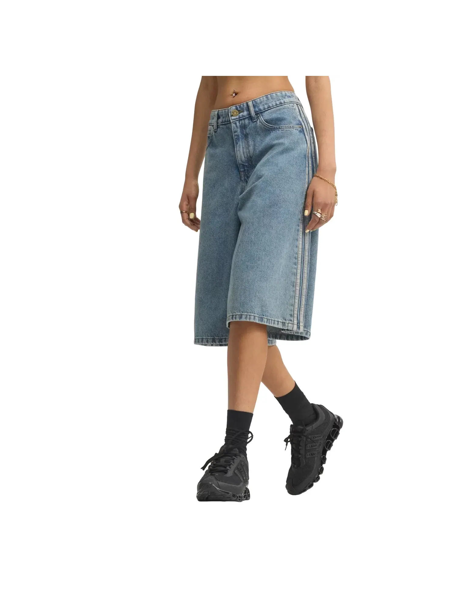 Женские джинсовые шорты с завышенной талией Worn Blue Denim Adidas — изображение 2 из 4, синий