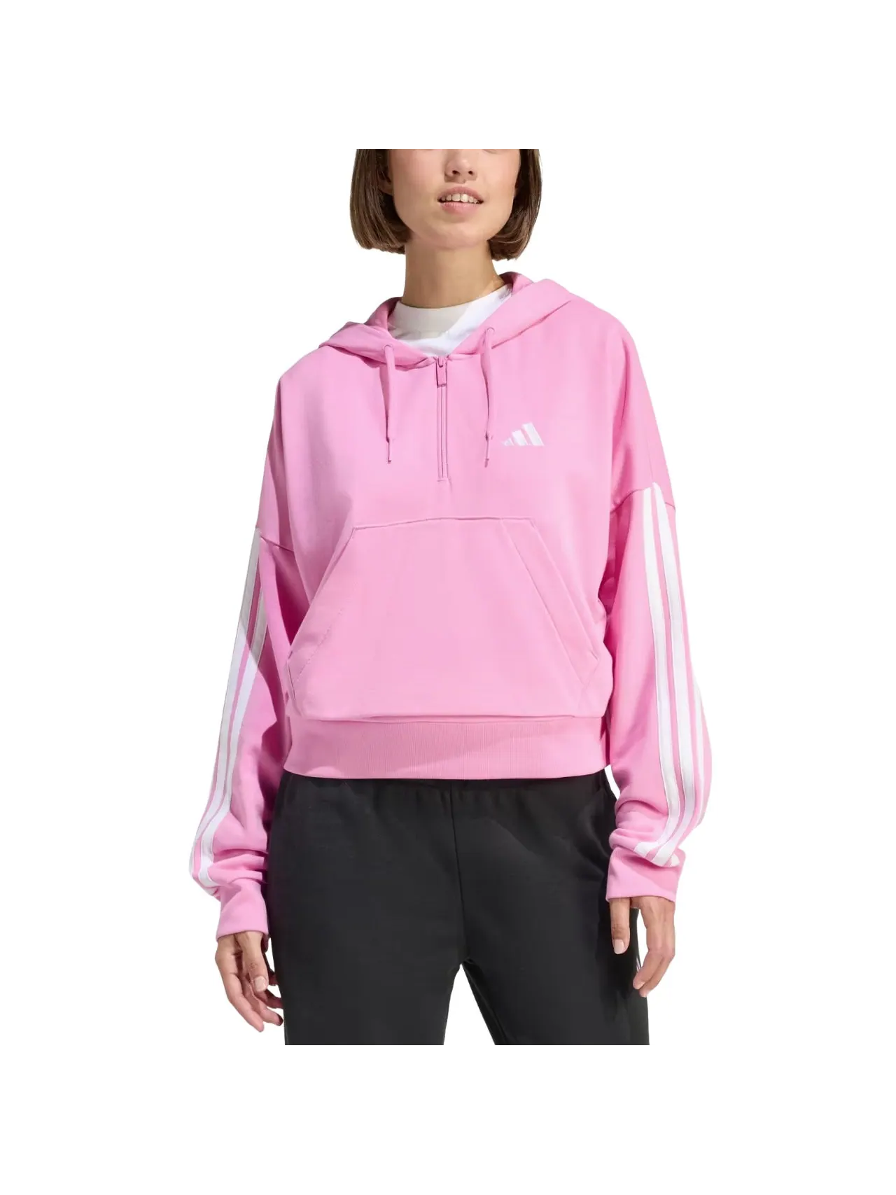 (WMNS) Толстовка Adidas Essentials 3-Stripes French Terry Quarter-Zip Hoodie 'St Tropic Bloom White' — изображение 2 из 4