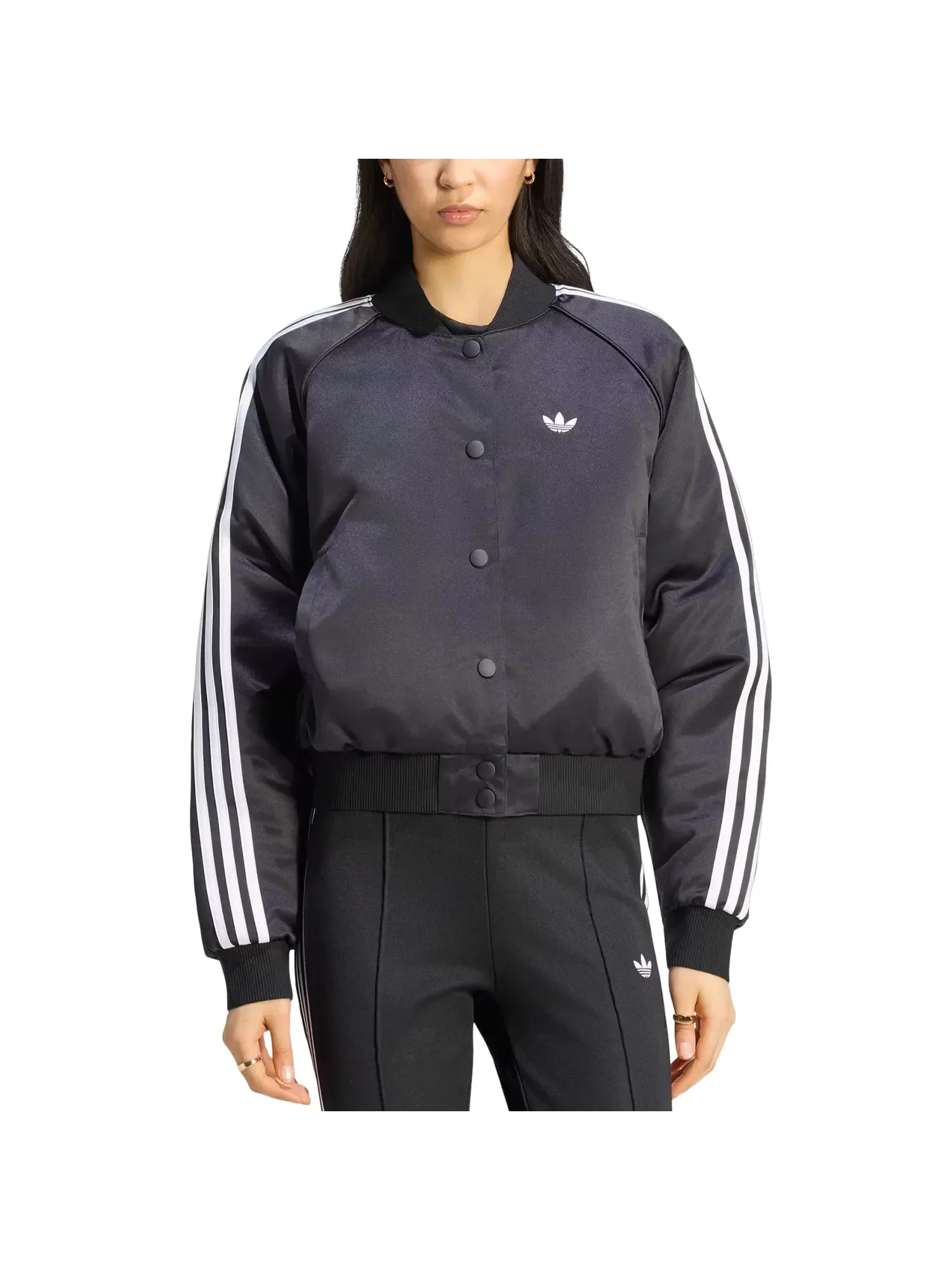 Женская куртка-бомбер из атласа с длинным рукавом Satin Bomber Jacket Adidas — изображение 2 из 3, черный