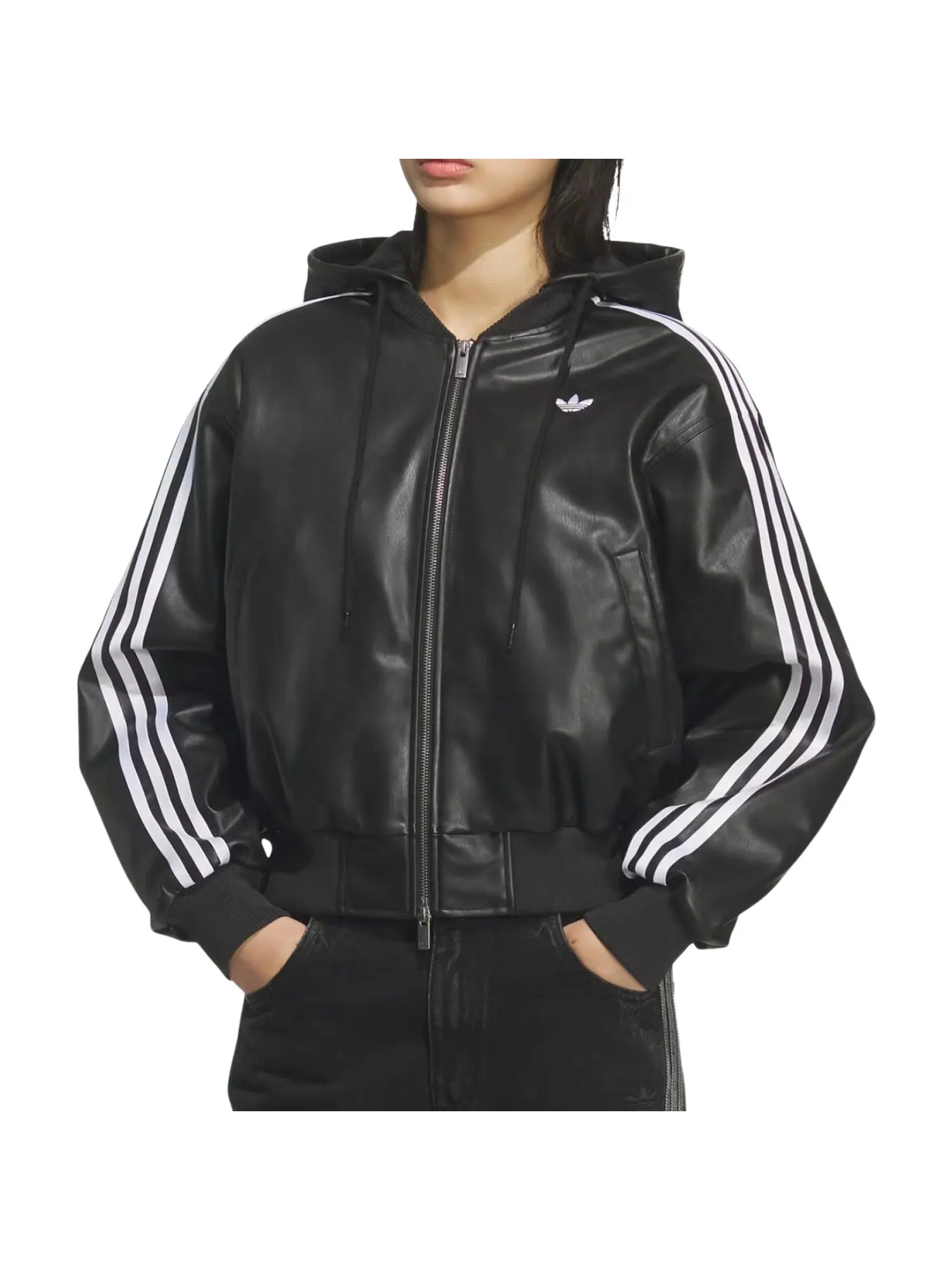 (WMNS) Кожаная куртка Adidas Double Leather Jacket, азиатский размер — изображение 2 из 3, черный