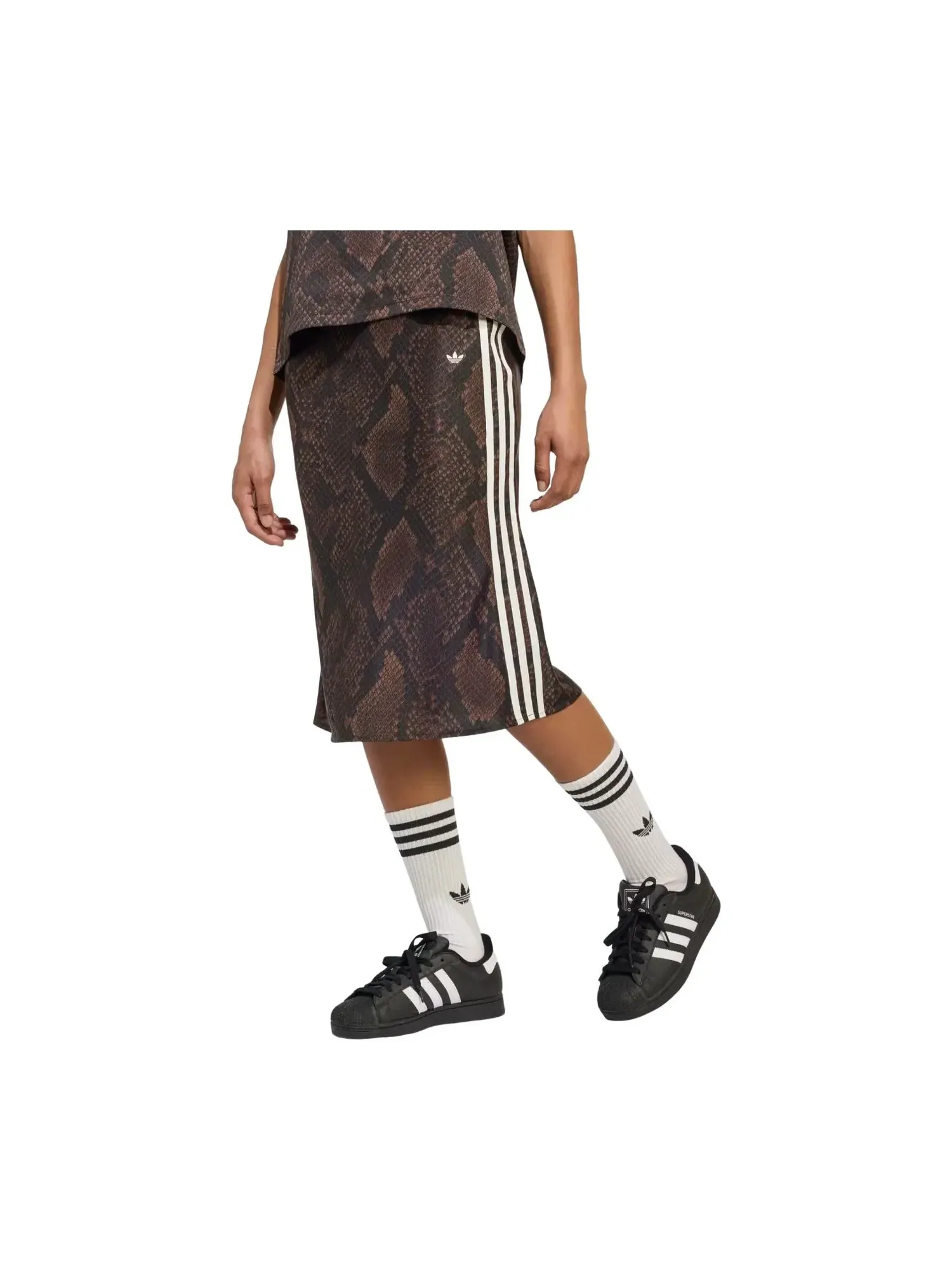 Женская юбка-миди с принтом Adidas Snake Print Satin Skirt — изображение 2 из 3, коричневый