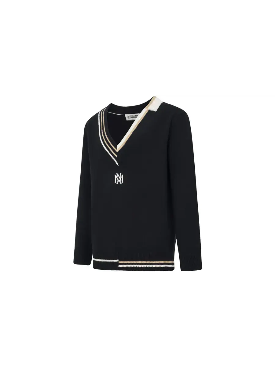 Свитер Mitchell & Ness Branded Contrasting V-Neck Sweater 'Black' — изображение 3 из 6, черный