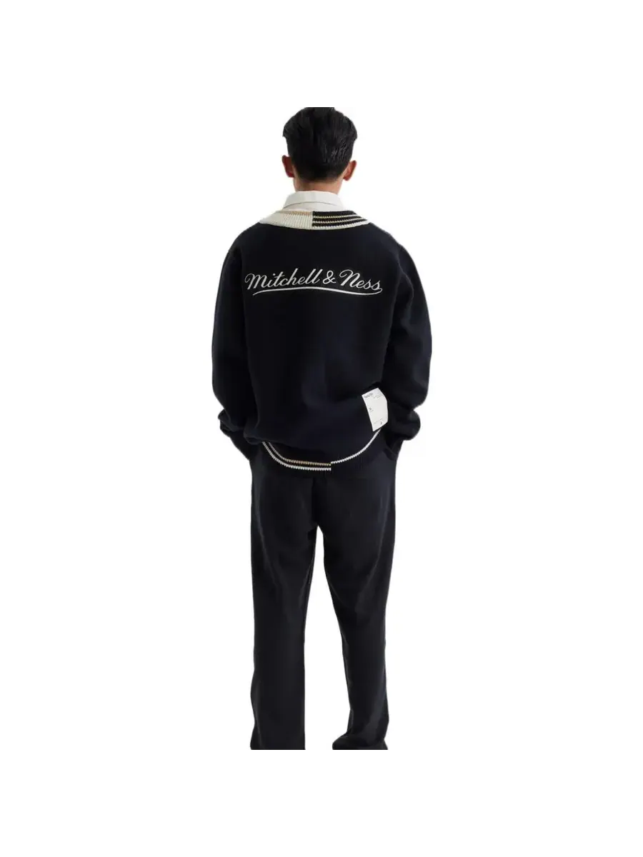Свитер Mitchell & Ness Branded Contrasting V-Neck Sweater 'Black' — изображение 6 из 6, черный