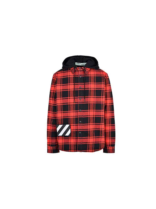 Рубашка plaid splicing hooded shirt red black plaid 'red black' Off-White — изображение 2 из 4, красный/черный