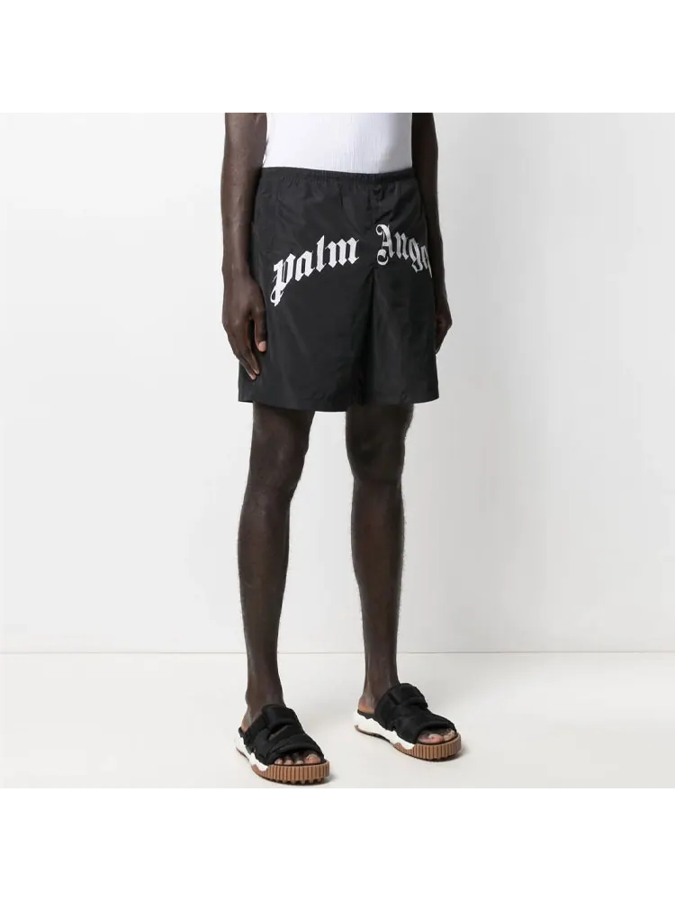 Спортивные шорты Palm Angels Curved Logo Swim Short 'Black White' — изображение 3 из 4, черный