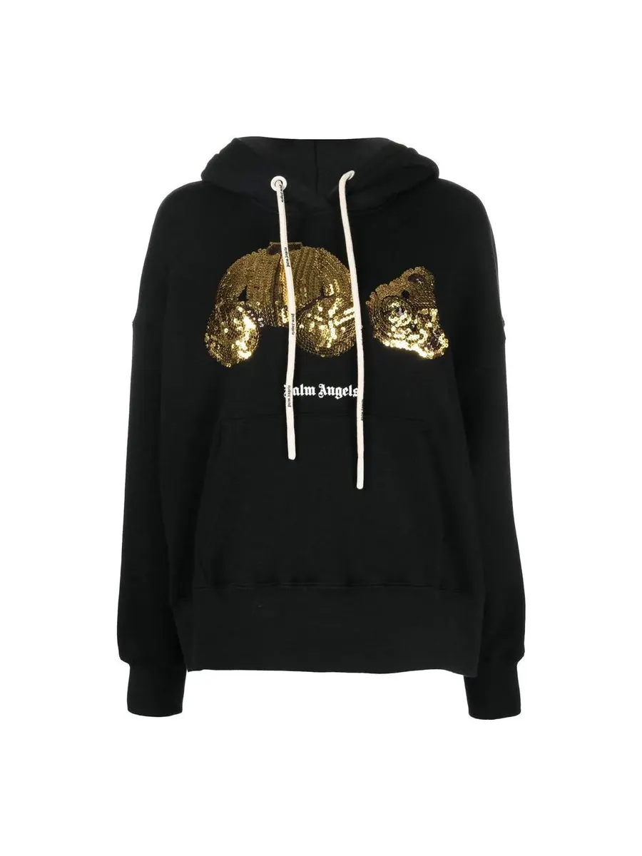 Свитер (WMNS) Palm Angels Gold Sequins Bear Hoodie 'Black Gold' — изображение 1 из 3, черный