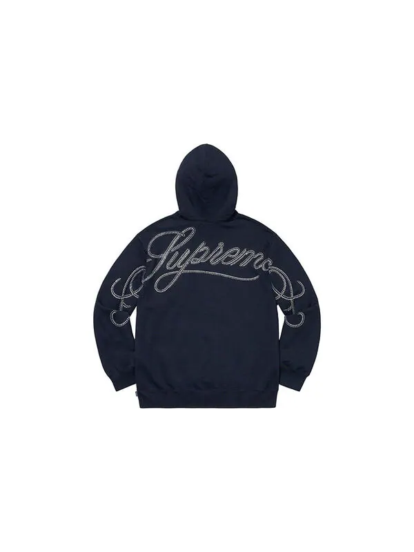 Толстовка fw19 week 12 rhinestone script hooded sweatshirt navy Supreme — изображение 2 из 2, синий
