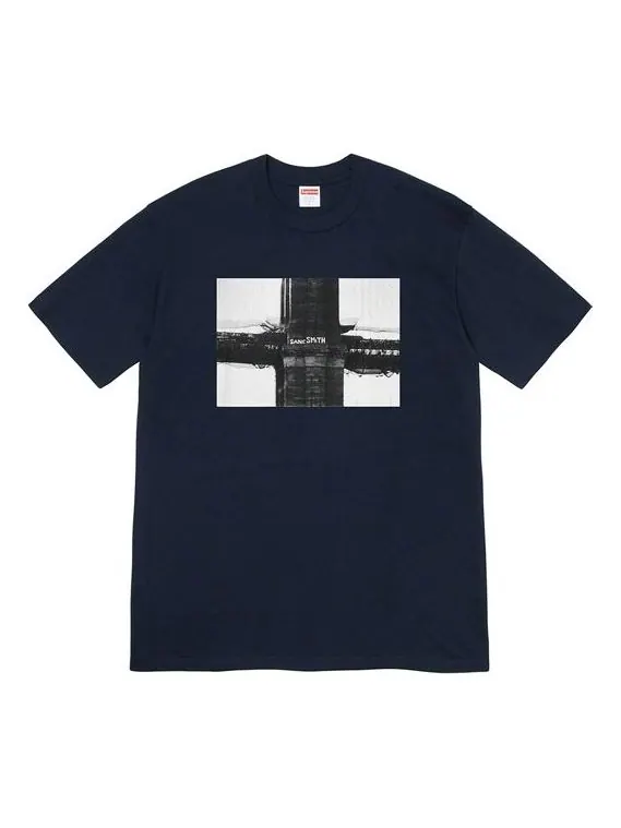 Футболка fw19 week 17 bridge tee graffiti printing short sleeve navy blue Supreme — изображение 1 из 1, синий