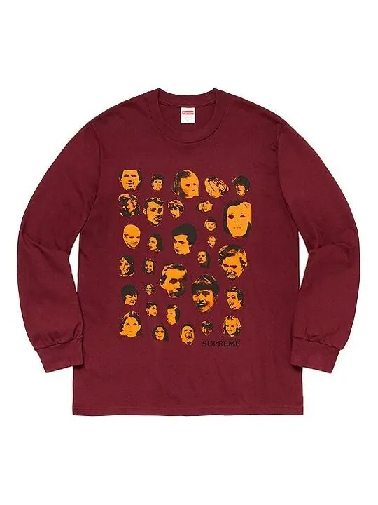 Футболка fw19 week 1 faces l/s tee human face printing long sleeves red Supreme — изображение 1 из 1, винный красный