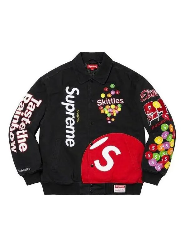 Куртка x skittles x mitchell & ness varsity jacket 'black multi-color' Supreme — изображение 1 из 3, черный/мульти