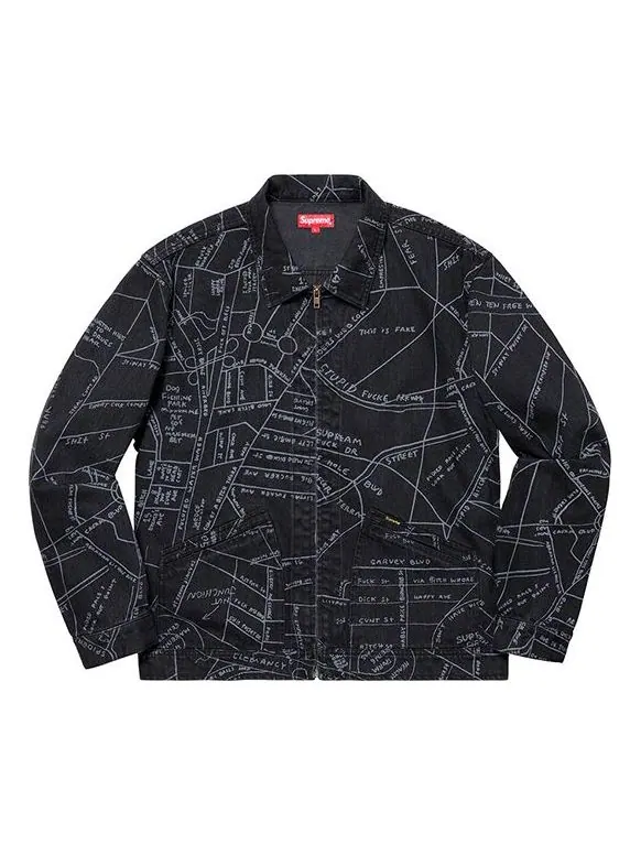 Куртка Supreme SS19 Gonz Map Work Jacket Pattern Zipper Unisex Black — изображение 1 из 2, черный