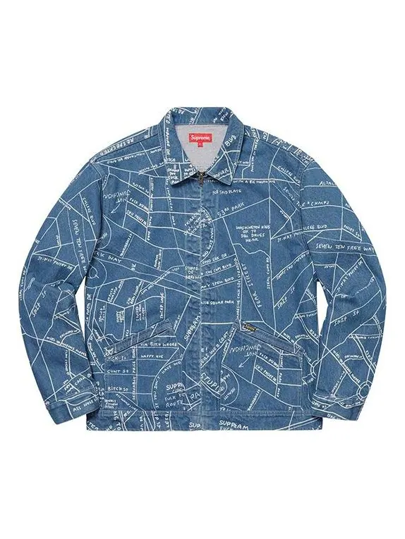 Куртка Supreme SS19 Gonz Map Work Jacket Pattern Zipper Unisex Blue — изображение 1 из 2, светлый синий