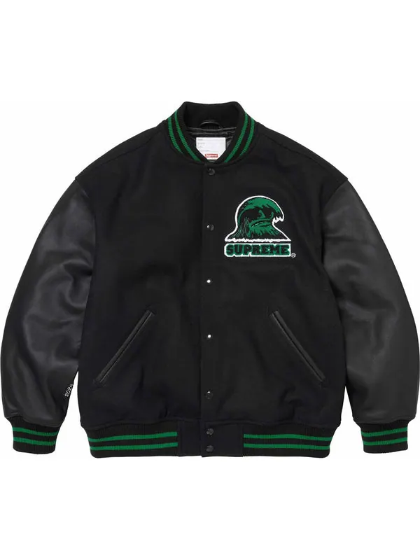 Куртка wave varsity jacket 'black green' Supreme — изображение 1 из 3, черный/зеленый