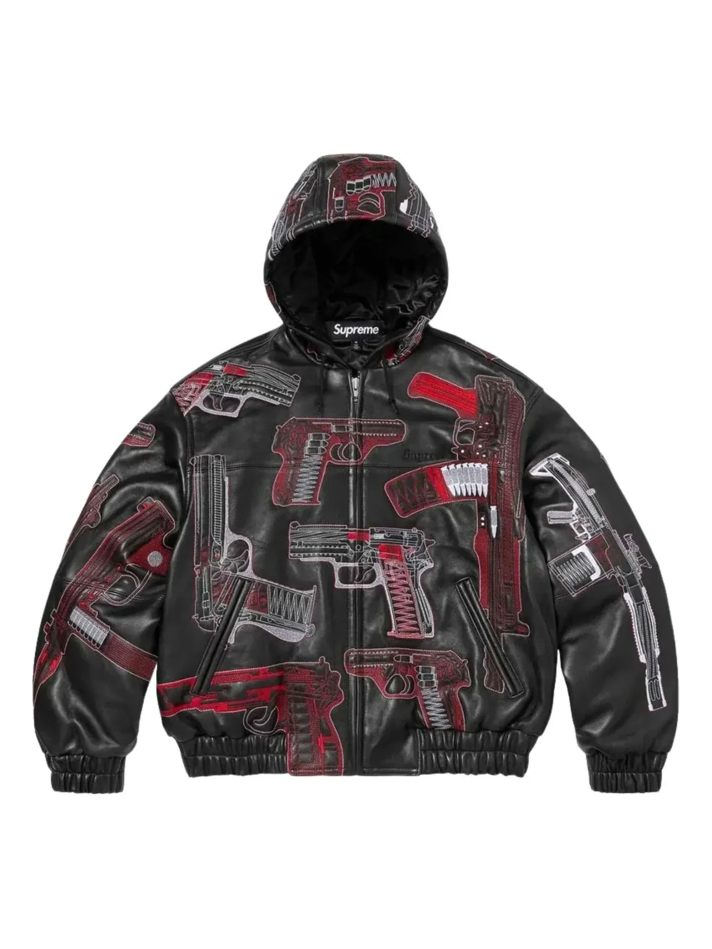 Кожаная куртка Supreme SS26 Guns с вышитым капюшоном — изображение 1 из 1, черный