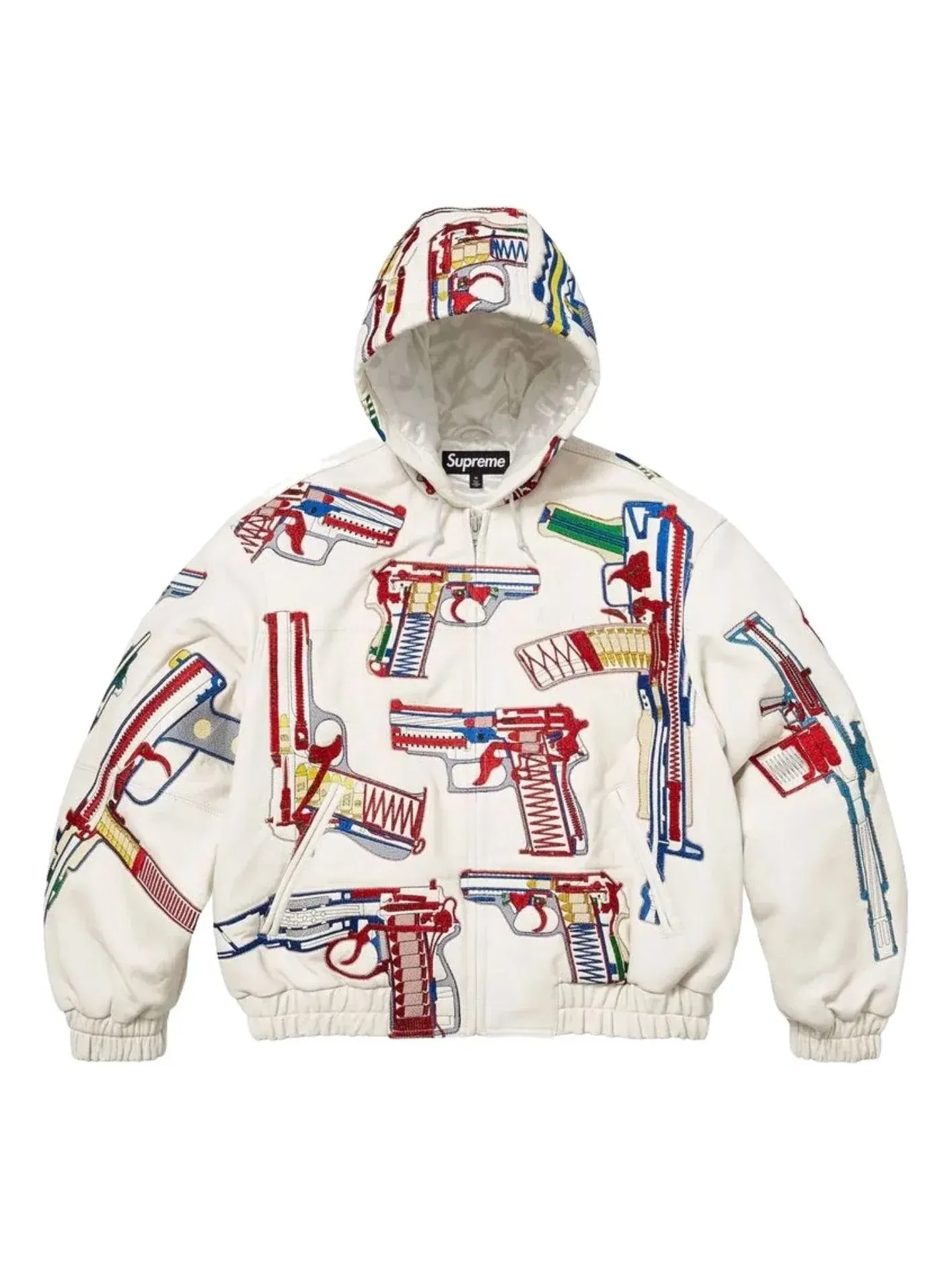 Кожаная куртка Supreme SS26 Guns с вышитым капюшоном — изображение 1 из 1, белый