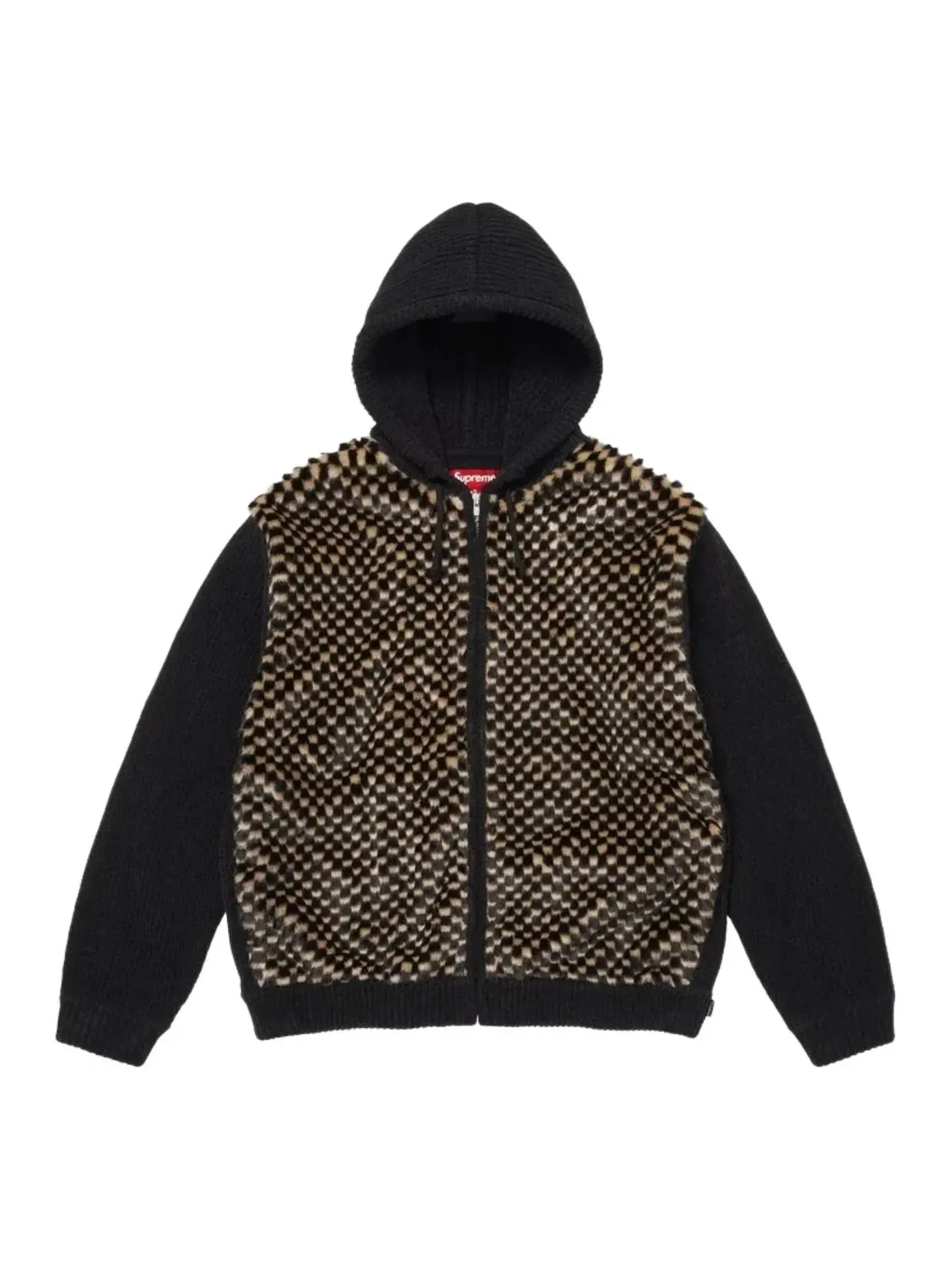 Свитер Supreme SS26 с капюшоном на молнии и клетчатым рисунком из искусственного меха, черный, SUP-SS26-127-BLK