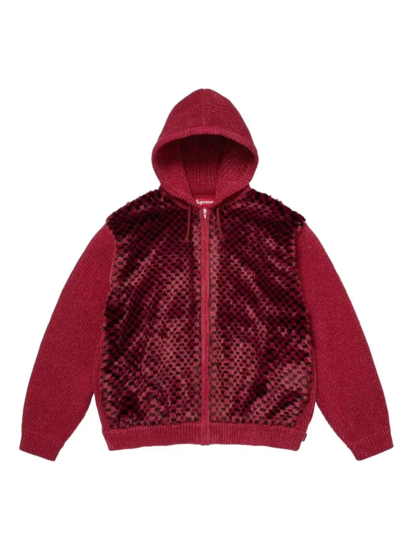Свитер Supreme SS26 с капюшоном на молнии и клетчатым рисунком из искусственного меха — изображение 1 из 2, красный
