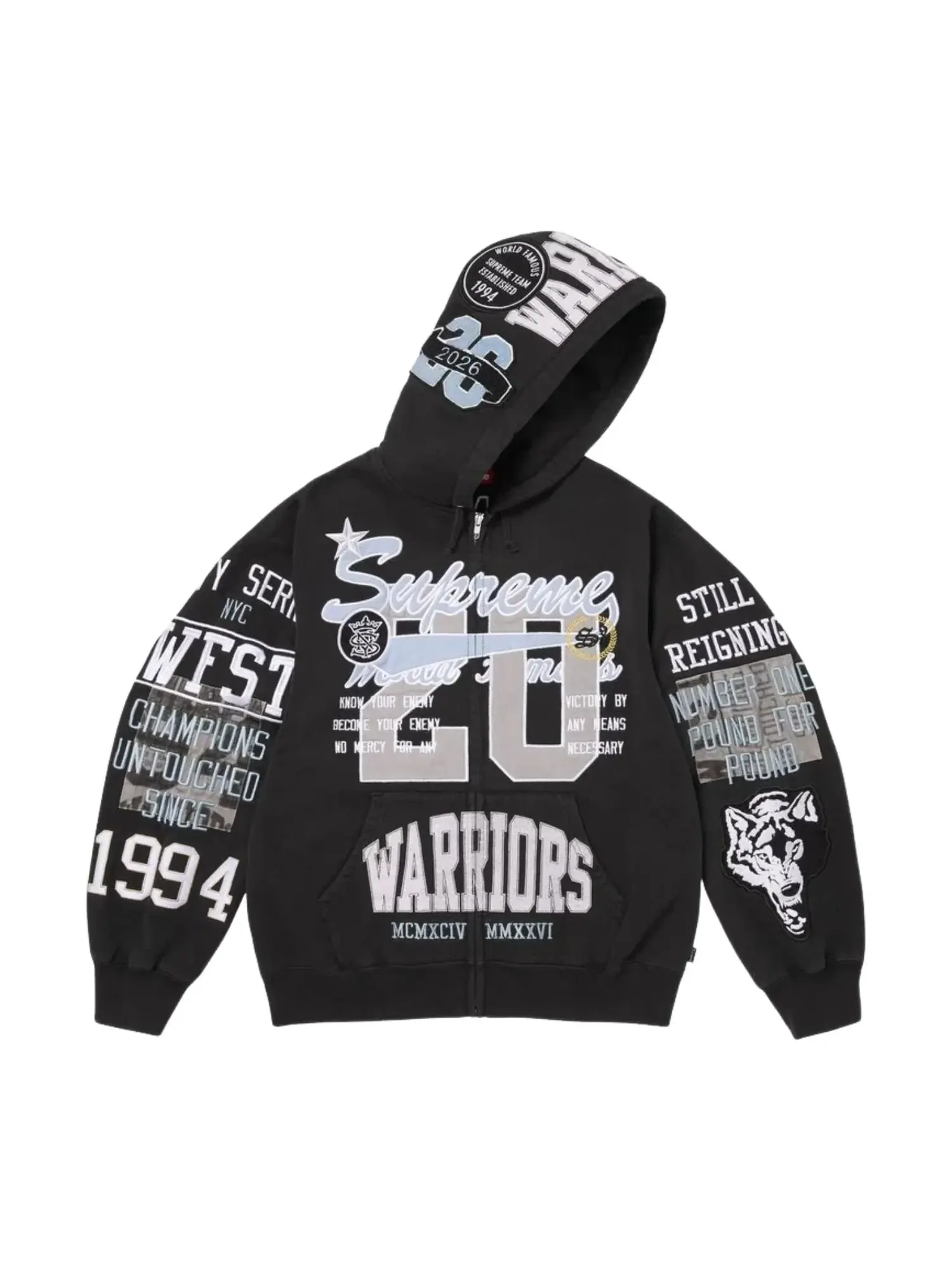 Толстовка Supreme SS26 Warriors с аппликацией и застежкой-молнией, черная, SUP-SS26-212-BLK — изображение 2 из 3, черный
