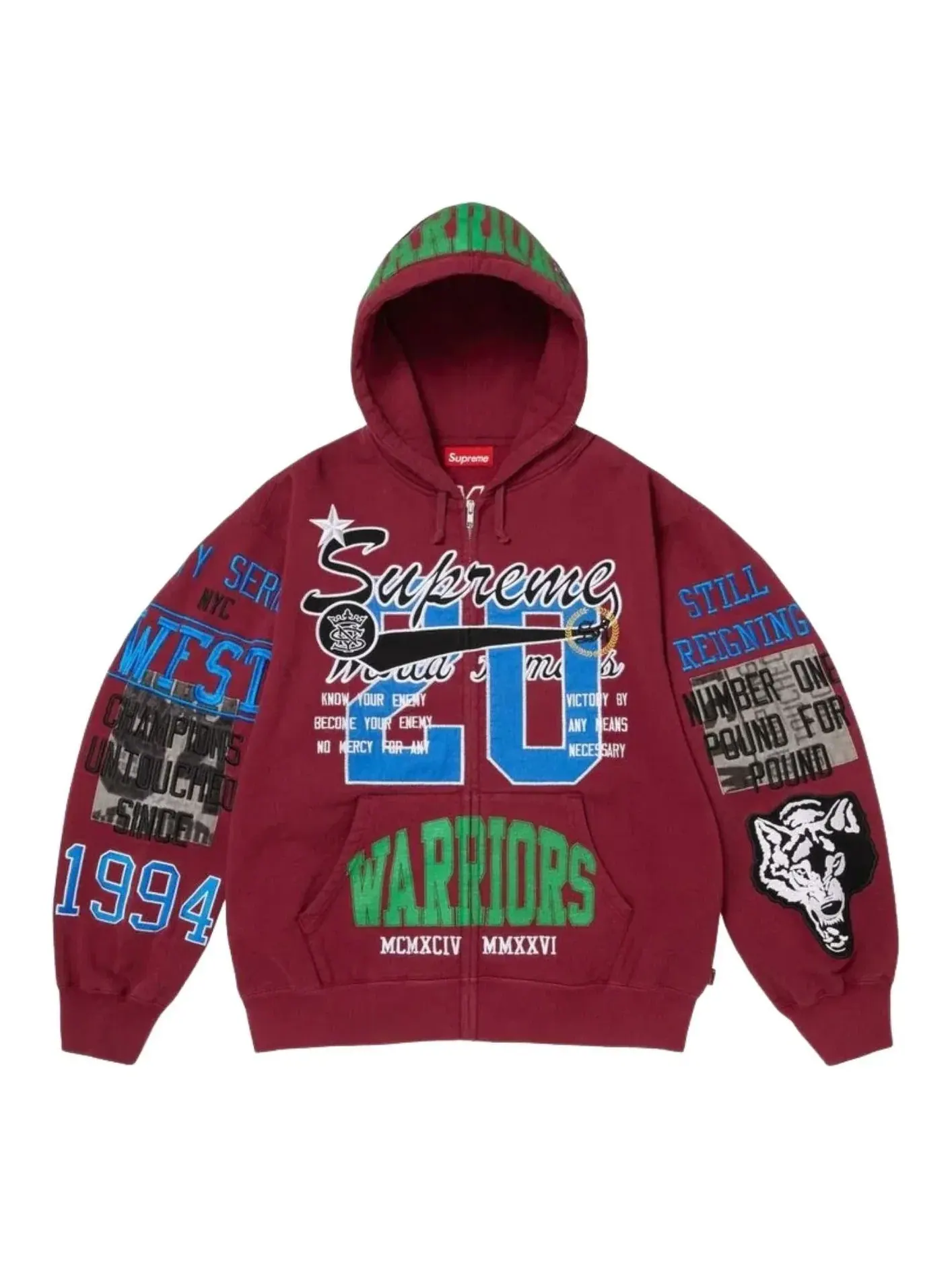 Толстовка Supreme SS26 Warriors с аппликацией и капюшоном на молнии — изображение 1 из 3, красный
