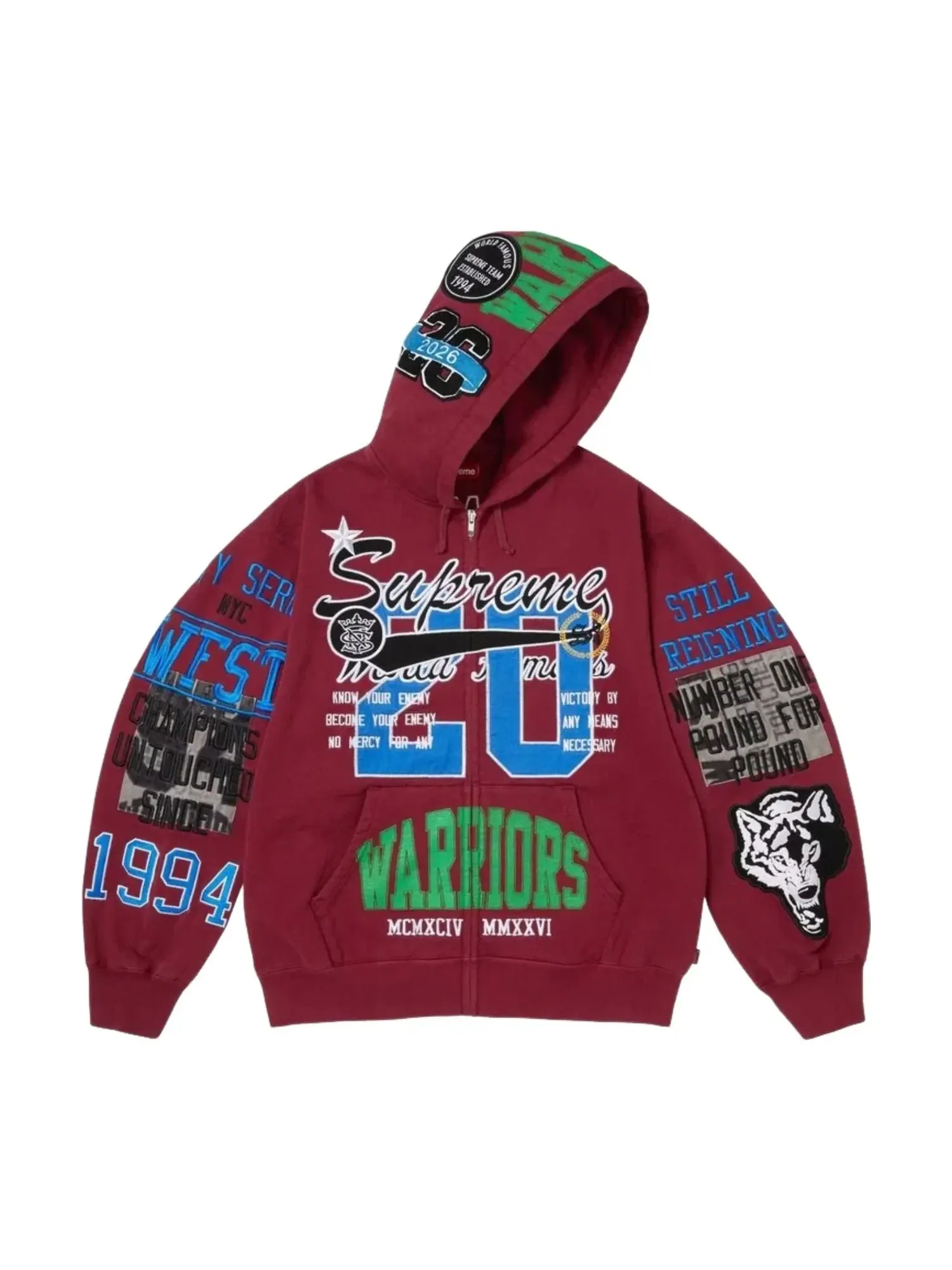 Толстовка Supreme SS26 Warriors с аппликацией и капюшоном на молнии — изображение 2 из 3, красный