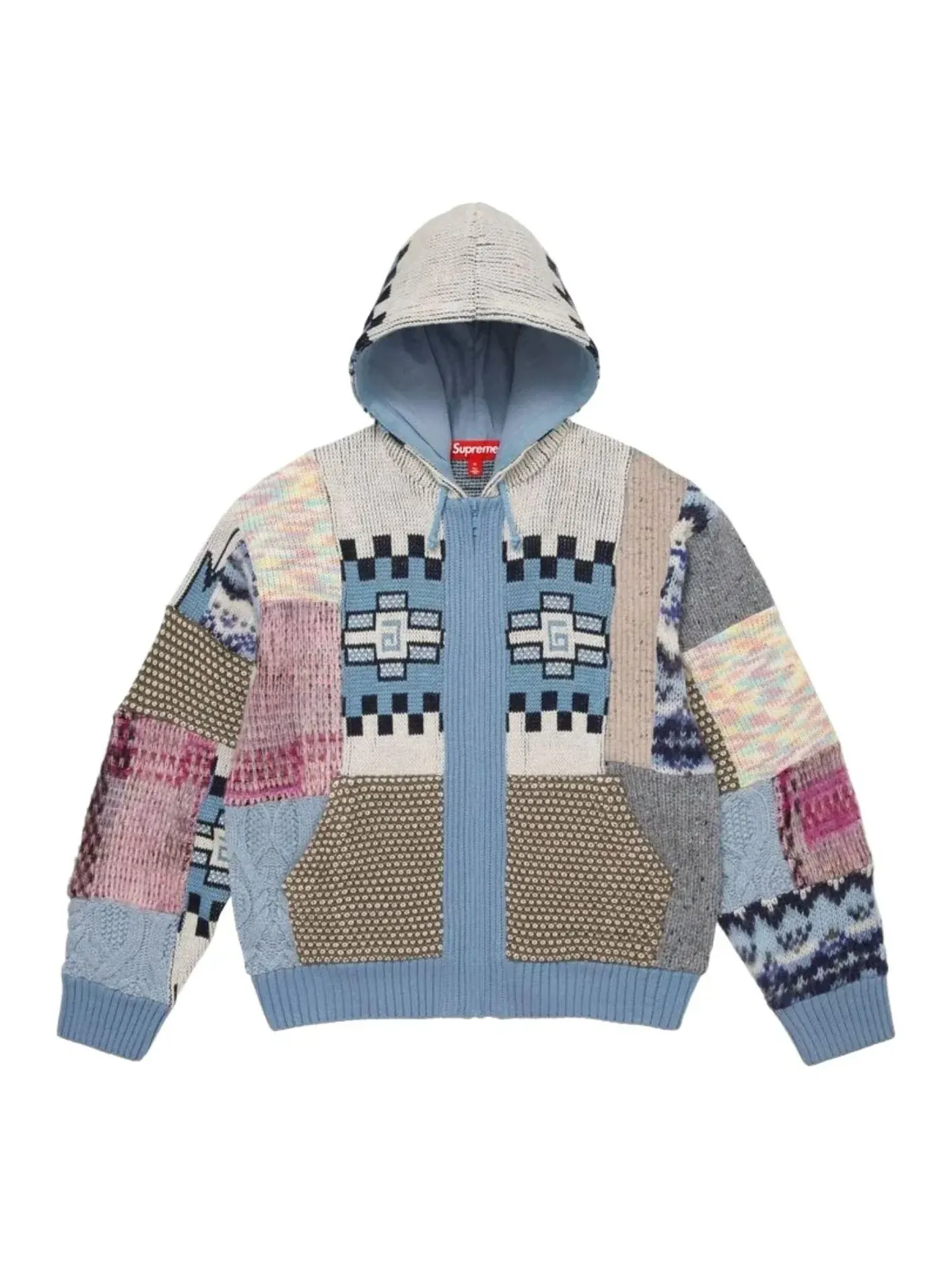 Свитер Supreme SS26 на молнии с капюшоном и лоскутным узором, светло-голубой, SUP-SS26-261-BLU — изображение 1 из 2, синий