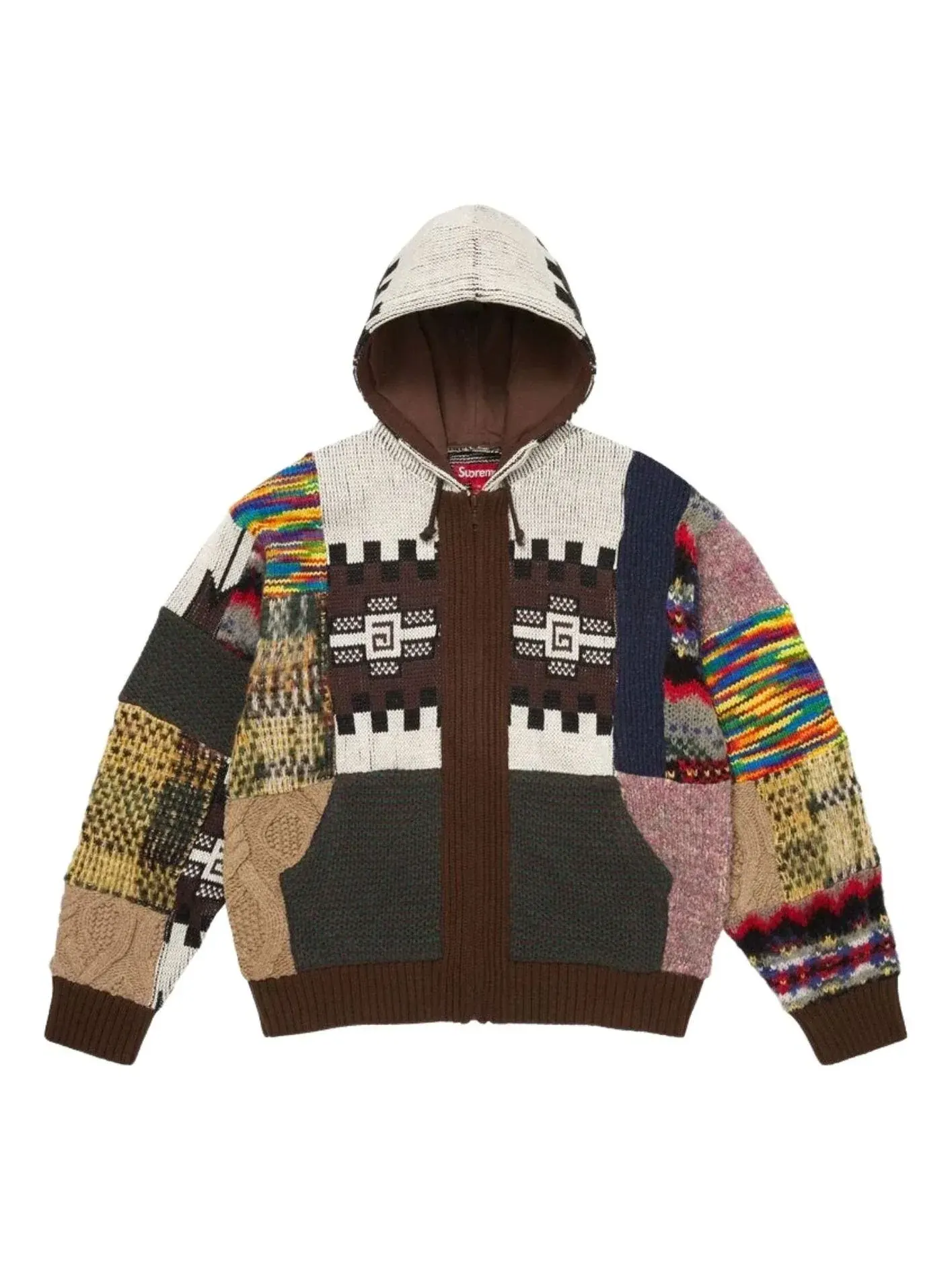 Свитер Supreme SS26 с капюшоном на молнии и лоскутным узором, коричневый, SUP-SS26-261-BRN — изображение 1 из 2