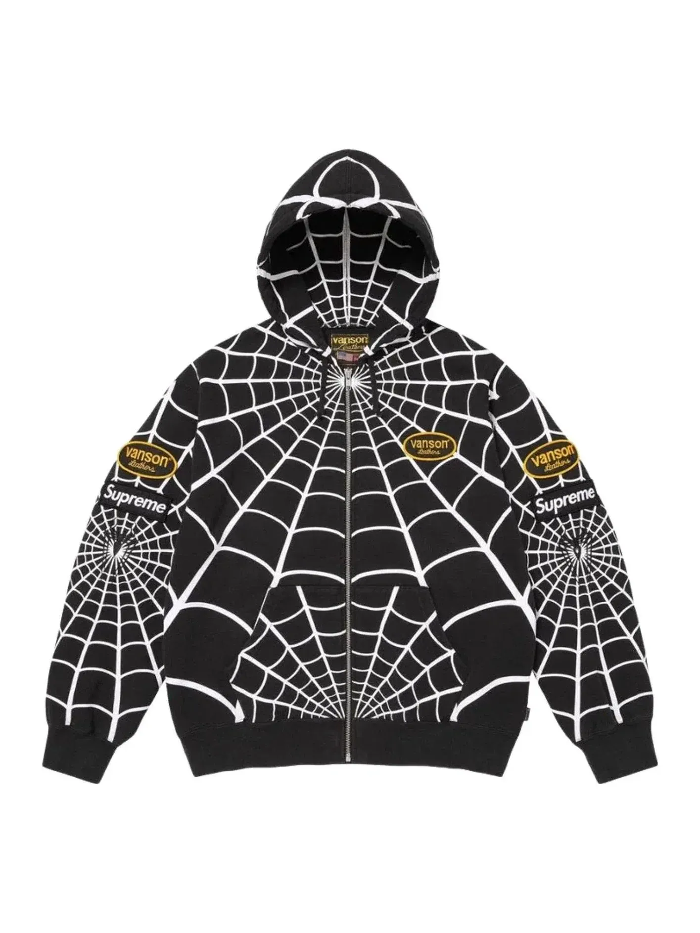Мужское худи с капюшоном кожаный с принтом Supreme x Vanson Leathers SS26 Spider-Man Zip Up Hooded Sweatshirt, черный