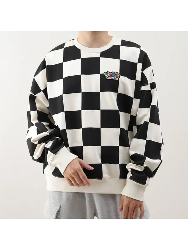 Свитер checkerboard round neck pullover sweatshirt 'black white' Vans — изображение 3 из 4, черный/белый
