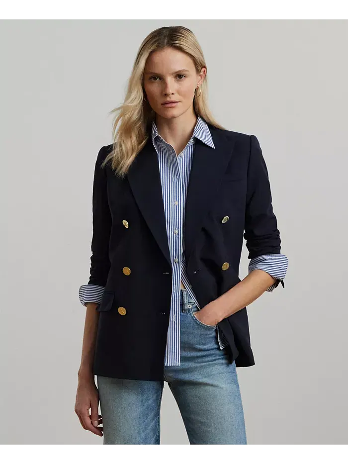 Женский двубортный шерстяной жакет из крепа Lauren Ralph Lauren — изображение 1 из 9, темно-синий