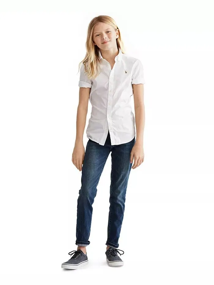 Однотонный топ Oxford с короткими рукавами для больших девочек Polo Ralph Lauren — изображение 1 из 5, белый