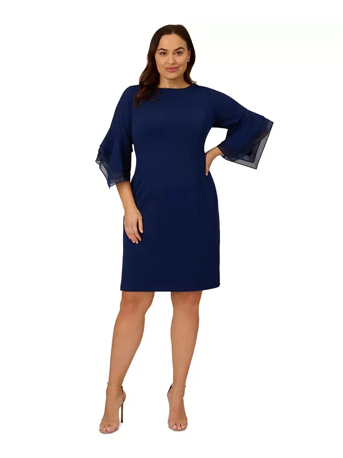 Платье-футляр с ярусными манжетами и рукавом 3/4, plus size Adrianna Papell — изображение 1 из 4, темно-синий