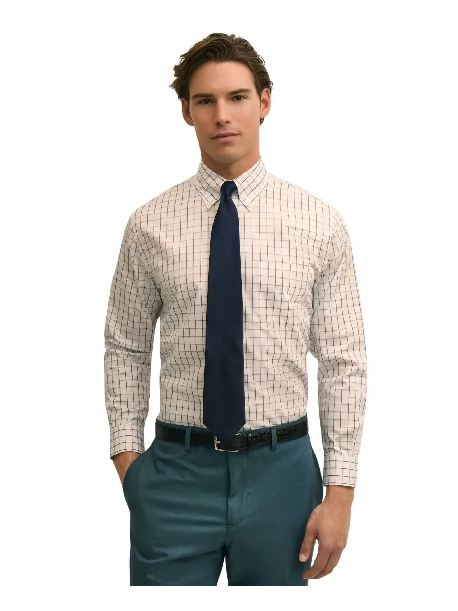 Мужская клетчатая рубашка-поло на пуговицах Brooks Brothers — изображение 1 из 3, кремовый/синий