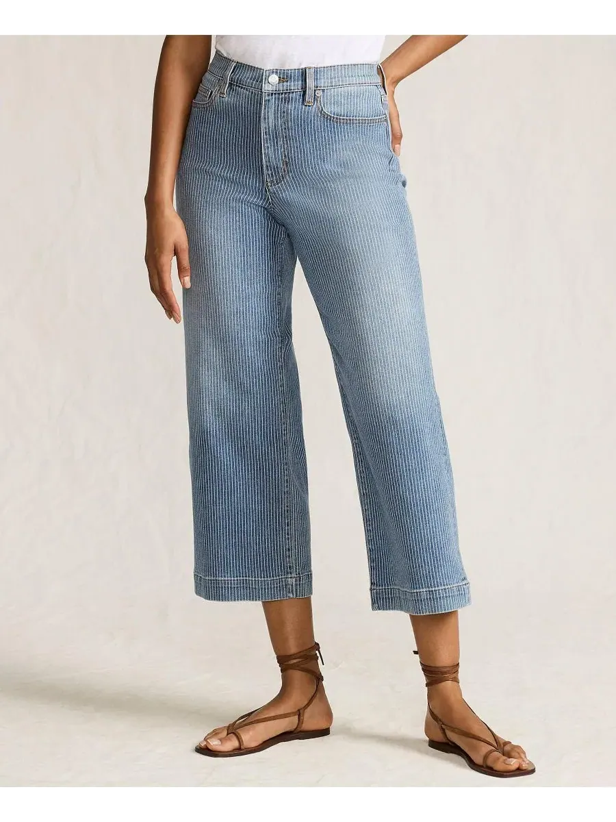 Женские укороченные джинсы Tall Recover Denim с высокой посадкой и широкими штанинами Lands' End — изображение 1 из 4, синий